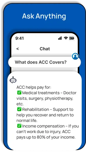 Smartphone interface titled 'Ask Anything' showing a chatbot response listing subscription benefits like legal case law access and tailored email templates.
