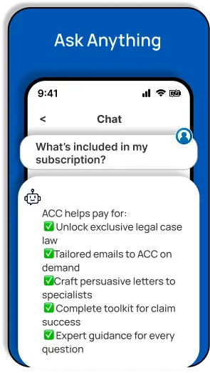 Smartphone interface titled 'Ask Anything' showing a chatbot response listing subscription benefits like legal case law access and tailored email templates.