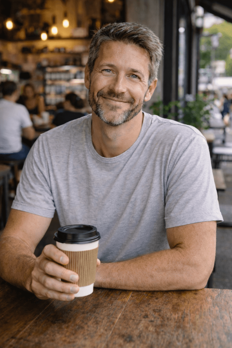 A smiling middle-aged man with salt-and-pepper hair and a beard, sitting at a wooden table in a cafe holding a coffee cup.