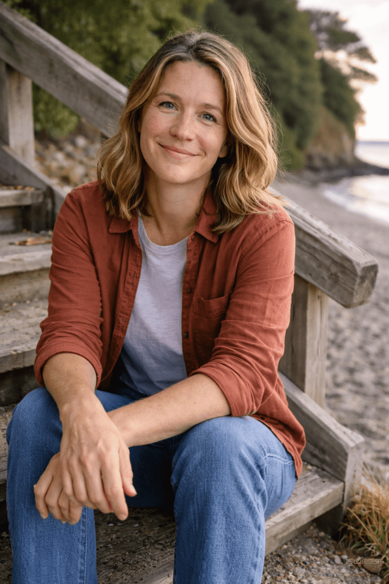 A smiling woman with wavy brown hair sitting on wooden stairs at a beach, wearing an orange button-down shirt over a white tee.